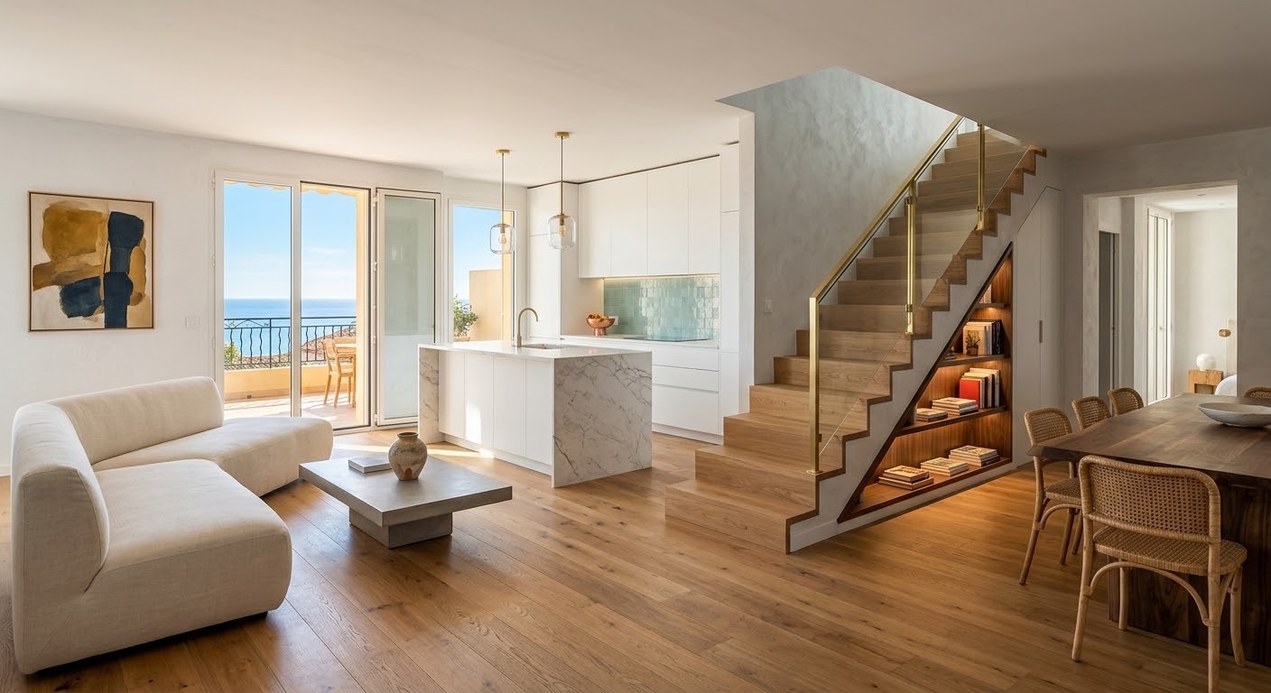 Séjour avec escalier et vue mer